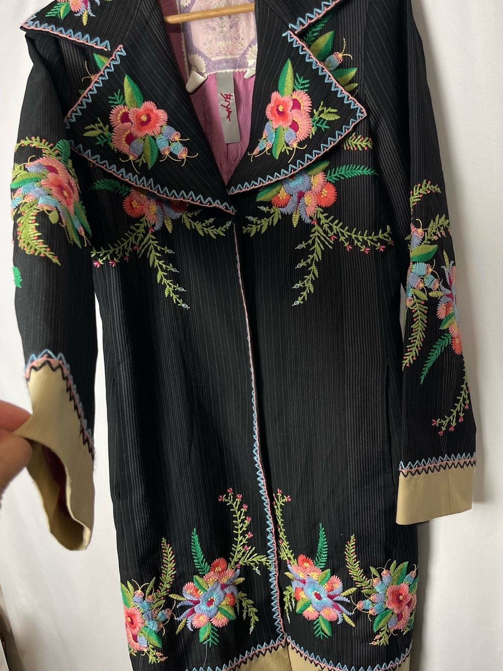 Biya Johnny was M Black in Pinstripe Floral Embroidered Long Jacket Coat 3 Butto